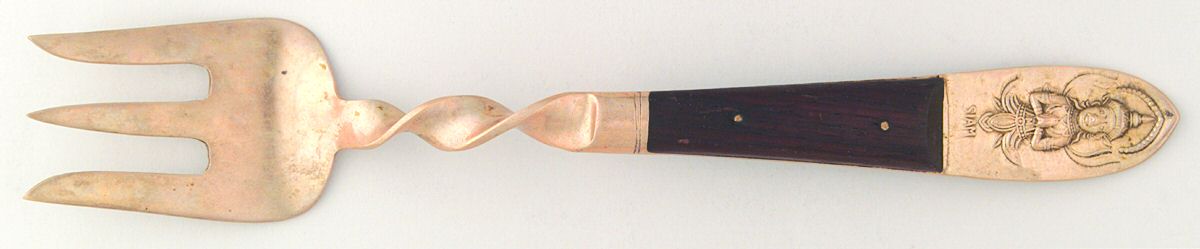 Siam-Brown (Brass)-Brown Handle Medium Solid Cold Meat Serving Fork by Unknown Mfg Silver-1