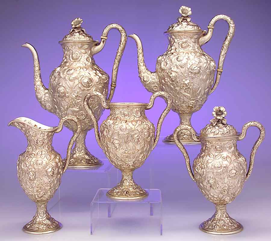 Repousse Style (Sterling Hollowware) 5 Piece Tea Set (SCP, STP, SCR, SSU, SWB) by Unknown Manufacturer-1