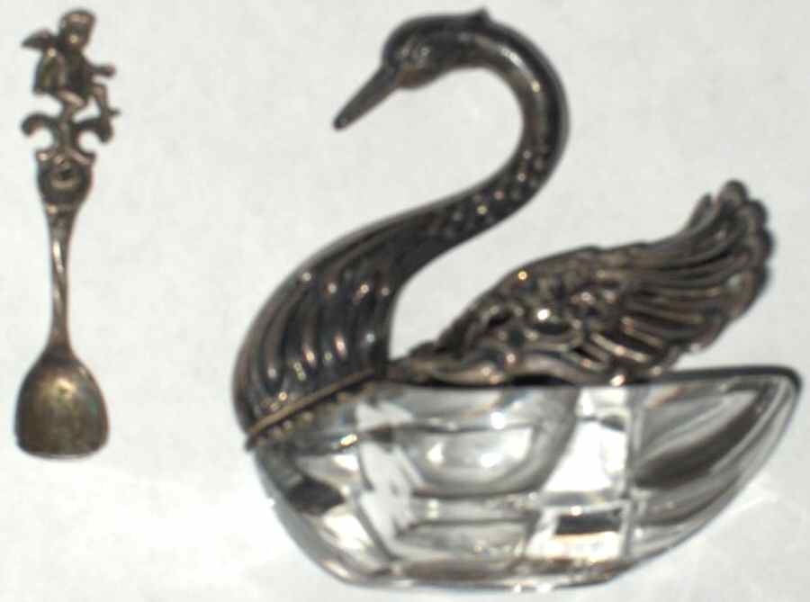 835-1 (Sterling, Hollowware) Open Individual Salt/Pepper Crystal Sterling with Spoon by Unknown Manufacturer-1