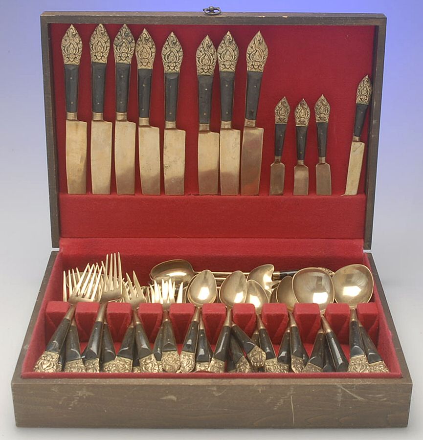Siam (Brass)-Brown Handle, Scroll Design 67 Piece Set by Unknown Mfg Silver-1