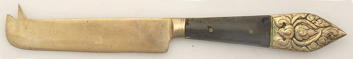 Siam (Brass)-Brown Handle, Scroll Design Solid Serving Cheese Knife by Unknown Mfg Silver-1