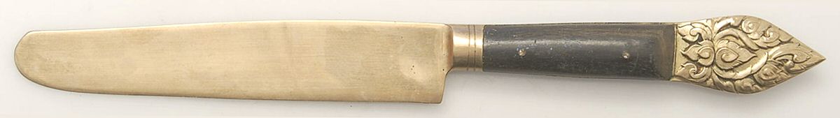 Siam (Brass)-Brown Handle, Scroll Design New French Solid Knife by Unknown Mfg Silver-1