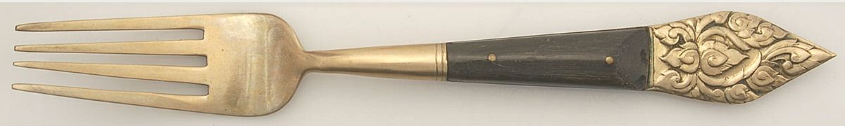 Siam (Brass)-Brown Handle, Scroll Design Fork by Unknown Mfg Silver-1
