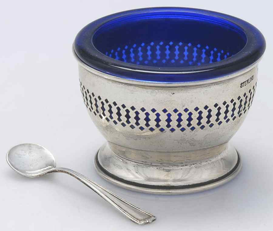 7597 (Sterling, Hollowware) Individual Open Salt W/Cobalt Liner & Spoon by Unknown Manufacturer-1