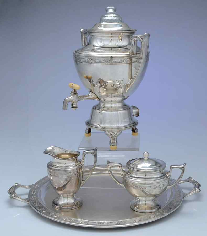 UNS6 (Silverplate, Hollowware) (4 Pc) Coffee Set (Percolator,Creamer,Sugar,Tray) by Universal Silver-1