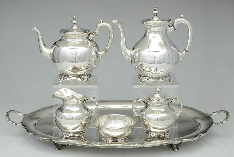 UNH13 (Sterling, Hollowware) 6 Piece Tea Set (SCP, STP, SCR, SSU, SWB, WTL) by Unknown Manufacturer-1