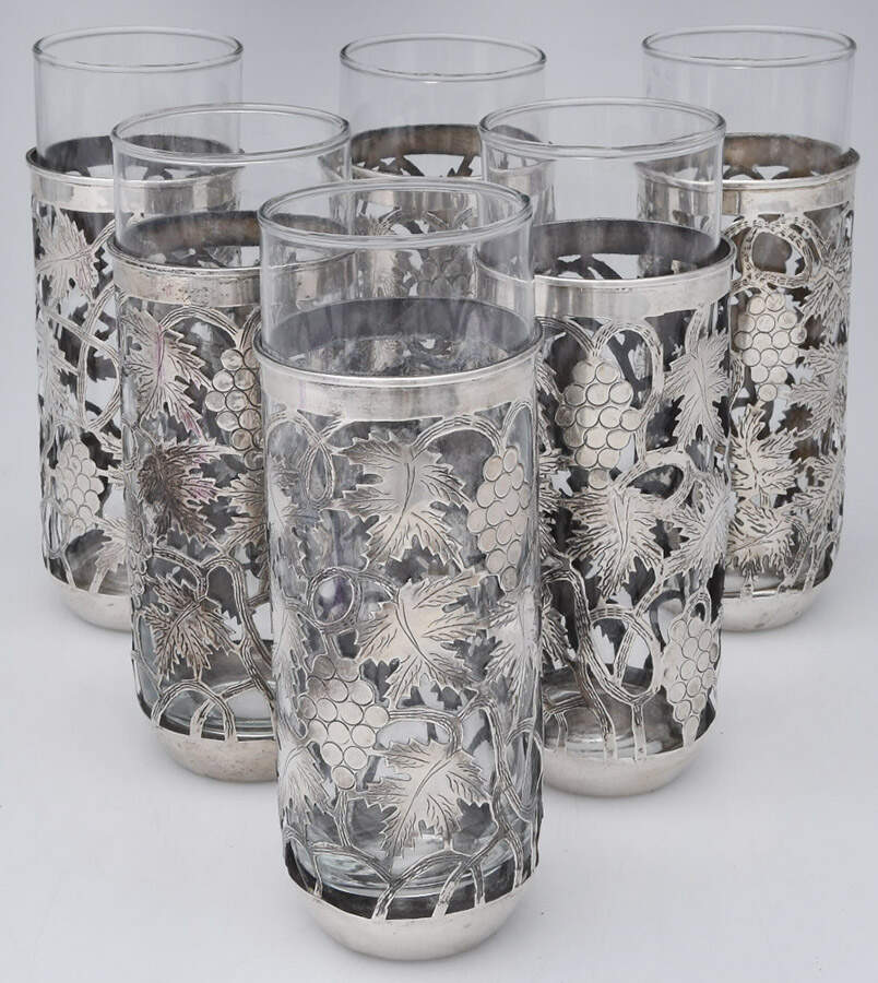 UNH30 (Sterling, Hollowware) (Set of 6) Glass Tumbler w/Sterling Overlay by Unknown Manufacturer-1