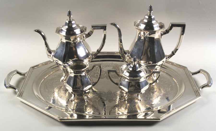 Alden (Silverplate, Hollowware) 5-Piece Silverplate Tea Set (with Tray) by Wallace Silver-1