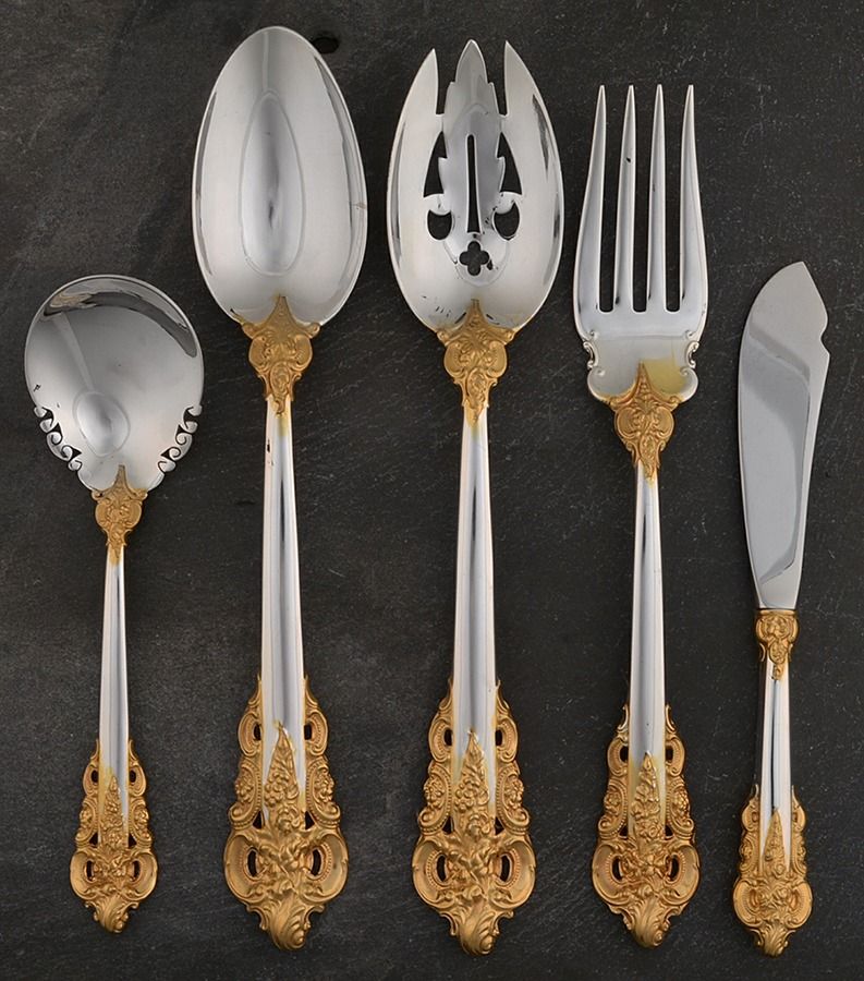 Golden Grande Baroque (Sterling, Gold Accent) 5 Piece Hostess Set by Wallace Silver-1