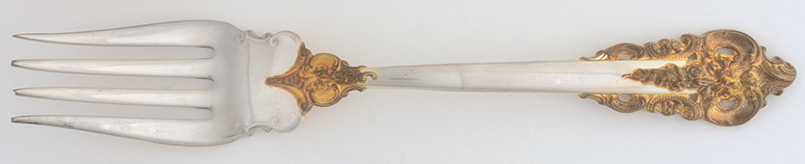 Golden Grande Baroque (Sterling, Gold Accent) Medium Solid Cold Meat Serving Fork by Wallace Silver-1