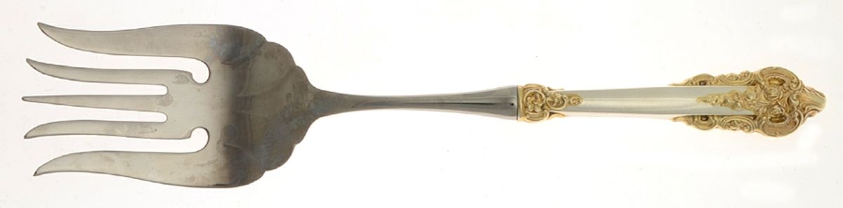 Golden Grande Baroque (Sterling, Gold Accent) Large Stainless-Tine Cold Meat Serving Fork by Wallace Silver-1