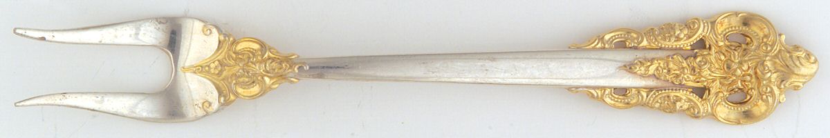 Golden Grande Baroque (Sterling, Gold Accent) Short Handle Pickle/Olive Fork by Wallace Silver-1