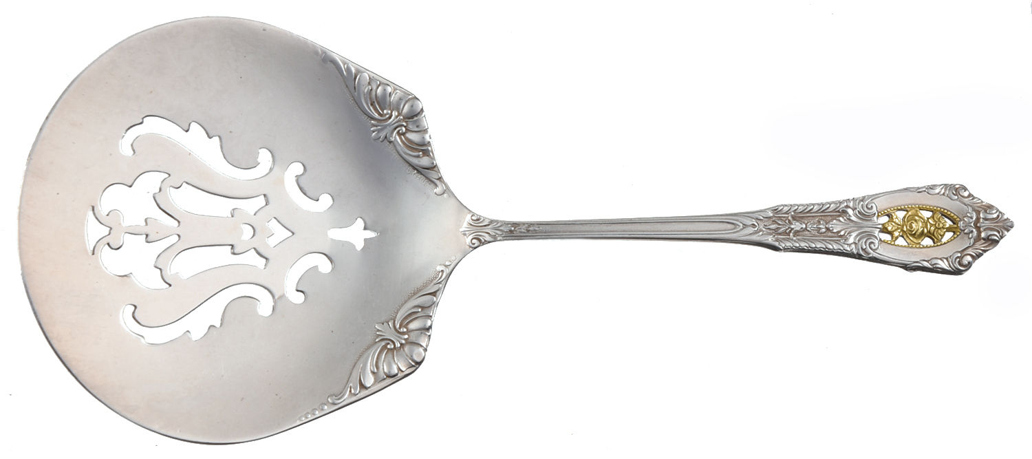 Golden Rose Point (Sterling, 1988, Gold Accent Rose) Solid Bon Bon Spoon with Pierced Bowl by Wallace Silver-1