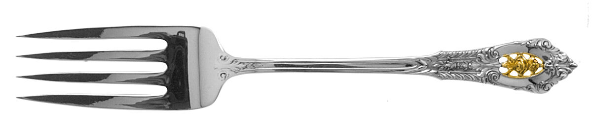 Golden Rose Point (Sterling, 1988, Gold Accent Rose) Medium Solid Cold Meat Serving Fork by Wallace Silver-1