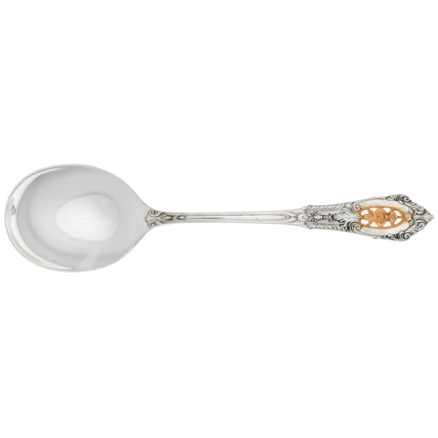 Golden Rose Point (Sterling, 1988, Gold Accent Rose) Round Bowl Soup Spoon (Cream Soup) by Wallace Silver-1