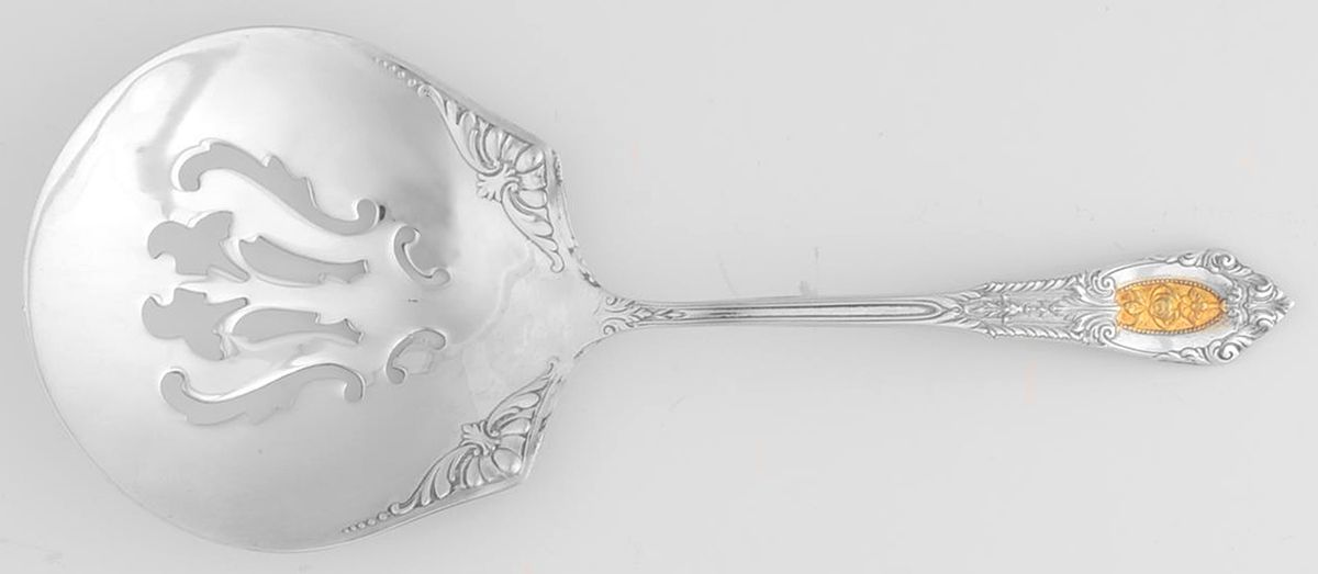 Golden Rose Point (Sterling, 1988, Gold Accent Rose) Solid Bon Bon Spoon with Pierced Bowl by Wallace Silver-1