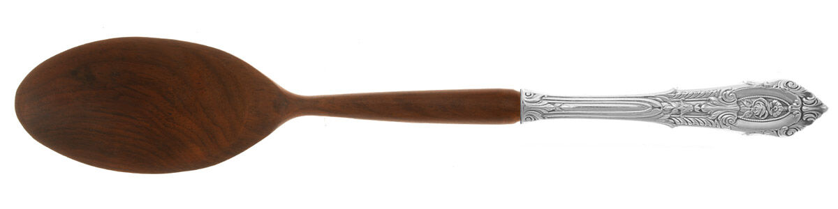 Rose Point (Sterling, 1934, No Monograms) Salad Serving Spoon with Wooden Bowl HC by Wallace Silver-1