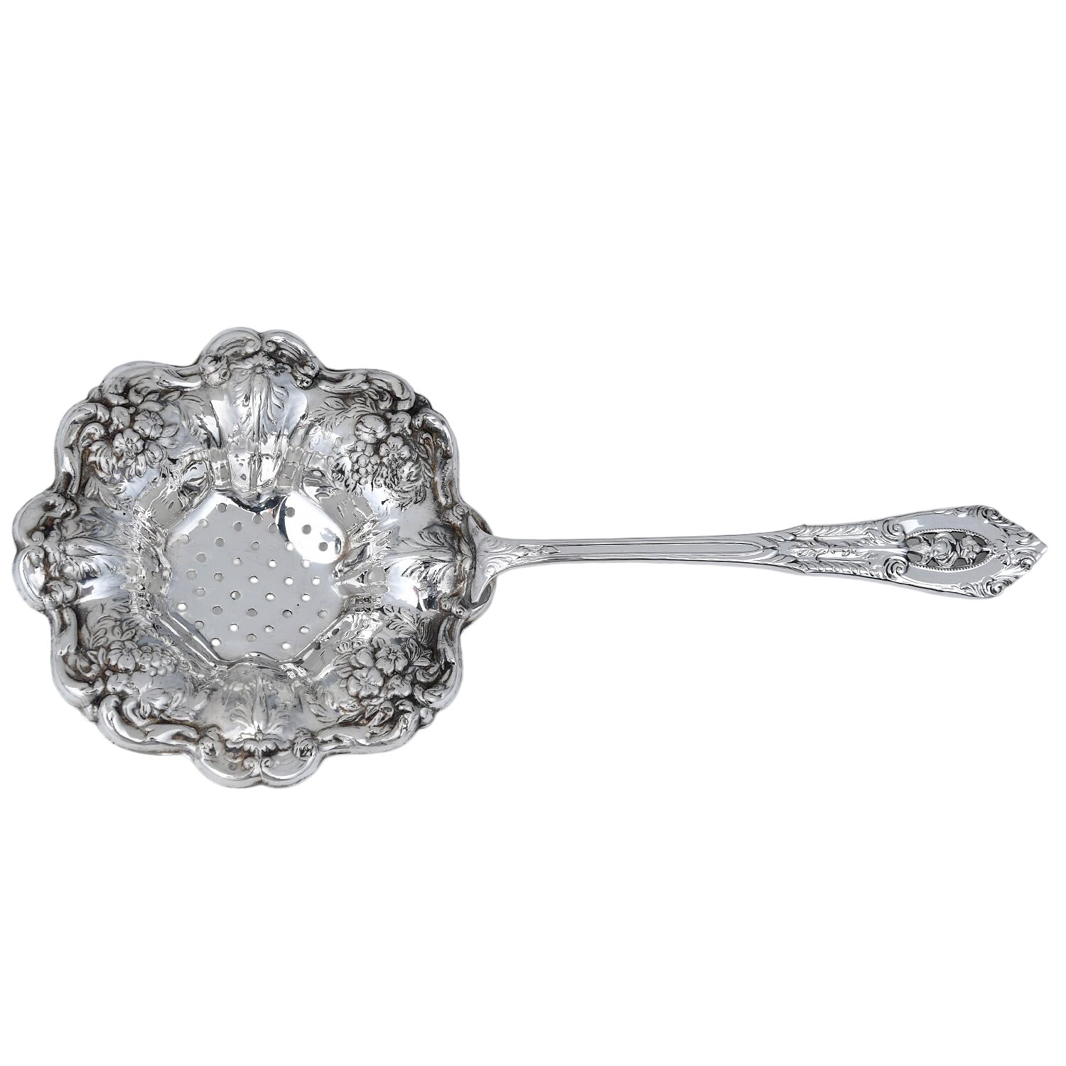 Rose Point (Sterling, 1934, No Monograms) Solid Individual Overcup Tea Strainer by Wallace Silver-1