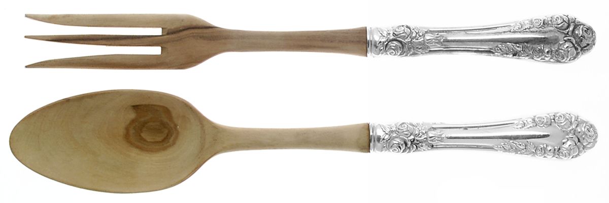 Rose (Sterling, 1898-1888) Wooden Bowl 2-Piece Salad Set by Wallace Silver-1