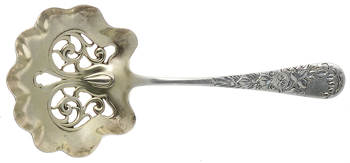 Antique Lily-Engraved (Sterling, 1882) Solid Bon Bon Spoon with Pierced Bowl by Whiting Manf Co-1