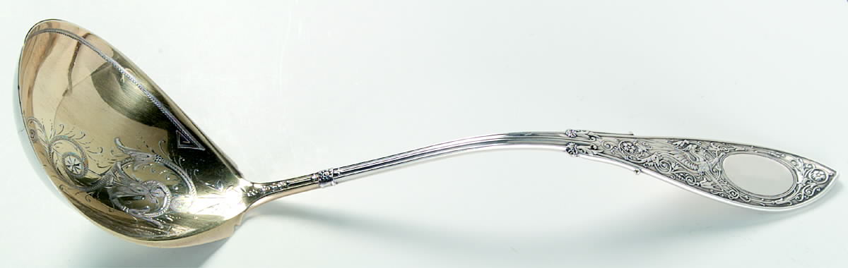 Arabesque (Sterling, 1875) Soup Ladle, Bright Cut Solid Piece by Whiting Manf Co-1