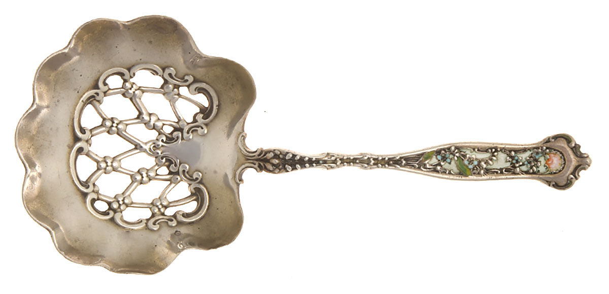 Dresden (Sterling, 1896) Enamel Handled Solid Pierced Bon Bon Spoon by Whiting Manf Co-1