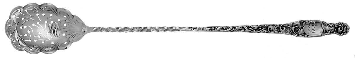 Heraldic (Sterling, 1880) Pierced Bowl Long Handle Olive Spoon by Whiting Manf Co-1