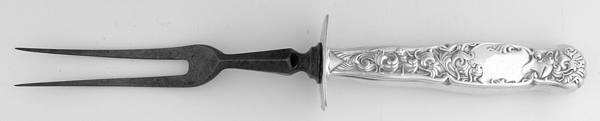 Heraldic (Sterling, 1880) Lg Carving/Roast Fork-Stn Prong w/Sterling Guard by Whiting Manf Co-1