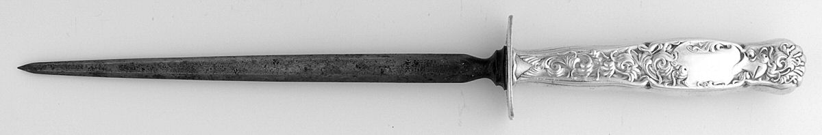 Heraldic (Sterling, 1880) Large Knife Sharpener-Steel Rod w/Sterling Guard by Whiting Manf Co-1