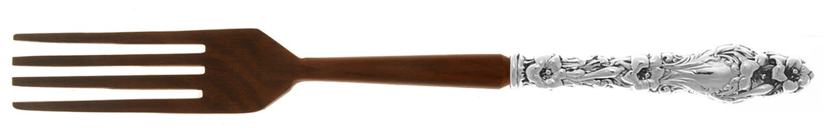 Lily (Sterling, 1902, Lion-Pat.1902) Salad Serving Fork with Wooden Prongs HC by Whiting Manf Co-1