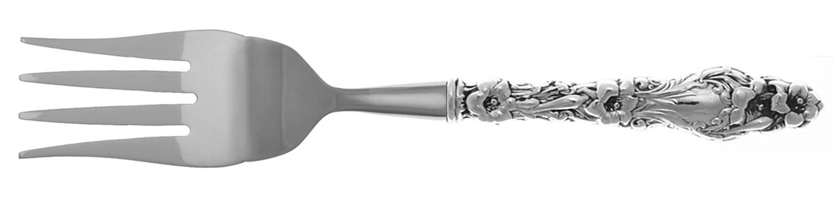 Lily (Sterling, 1902, Lion-Pat.1902) Cold Meat Fork Large, Stainless Tines HC by Whiting Manf Co-1