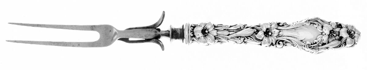 Lily (Sterling, 1902, Lion-Pat.1902) Large Thick Handle Carving Fork,Stnl Prong by Whiting Manf Co-1