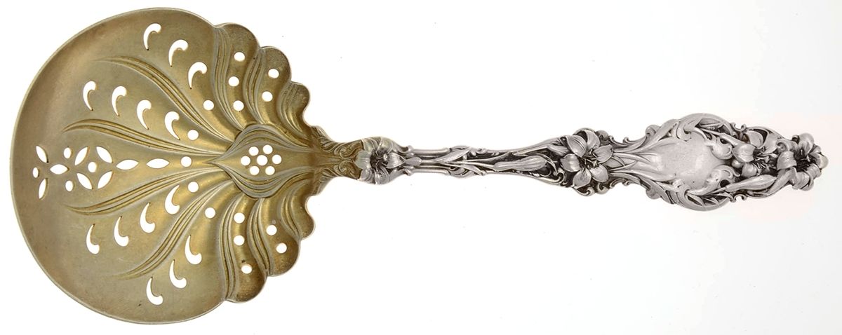 Lily (Sterling, 1902, Lion-Pat.1902) Large Pierced Pea Serving Spoon by Whiting Manf Co-1