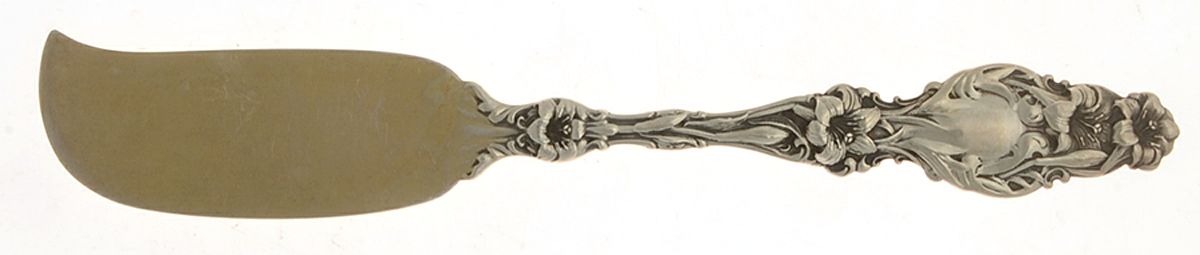 Lily (Sterling, 1902, Lion-Pat.1902) Medium Flat Handle Butter Spreader by Whiting Manf Co-1