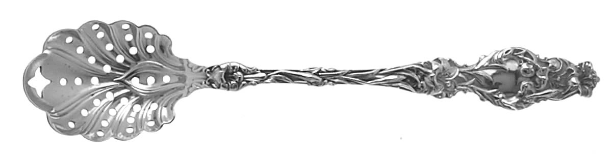Lily (Sterling, 1902, Lion-Pat.1902) Pierced Bowl Short Handle Olive Spoon by Whiting Manf Co-1