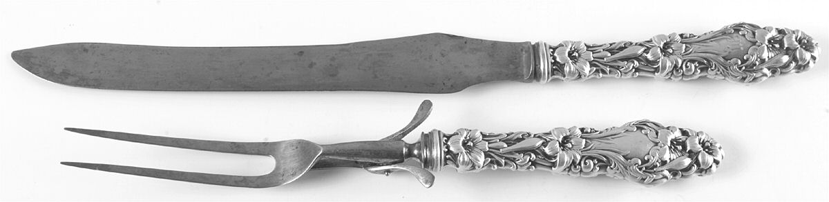 Lily (Sterling, 1902, Lion-Pat.1902) Large Thick Hdl Stnls Bld,2-Piece Carving Set by Whiting Manf Co-1