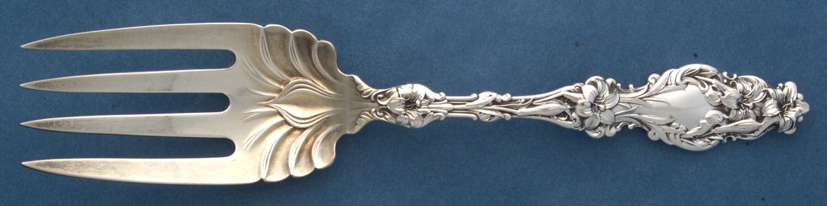 Lily (Sterling, 1902, Lion-Pat.1902) Solid Salad Serving Fork by Whiting Manf Co-1