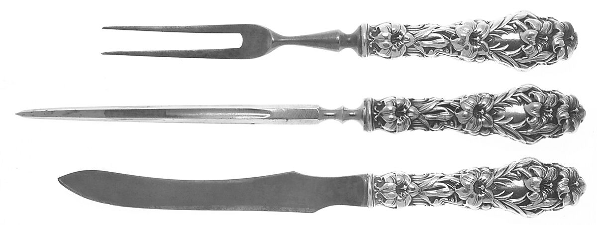Lily (Sterling, 1902, Lion-Pat.1902) Small Thick Hdl Stnls Bld,3-Piece Carving Set by Whiting Manf Co-1