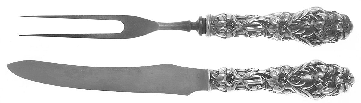 Lily (Sterling, 1902, Lion-Pat.1902) Small Thick Hdl Stnls Bld,2-Piece Carving Set by Whiting Manf Co-1