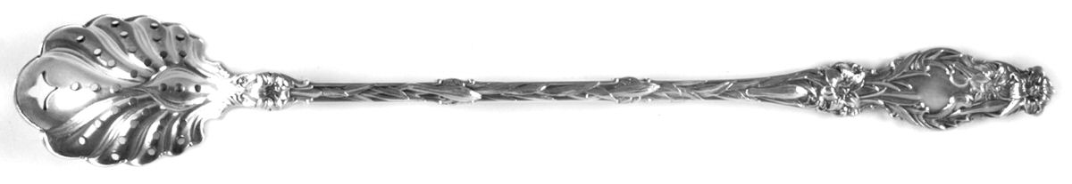 Lily (Sterling, 1902, Lion-Pat.1902) Pierced Bowl Long Handle Olive Spoon by Whiting Manf Co-1