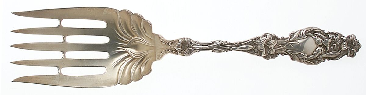 Lily (Sterling, 1902, Lion-Pat.1902) Large Solid Fish Serving Fork by Whiting Manf Co-1