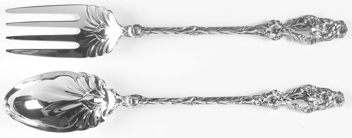 Lily (Sterling, 1902, Lion-Pat.1902) Solid Oversized Serving Salad Set by Whiting Manf Co-1
