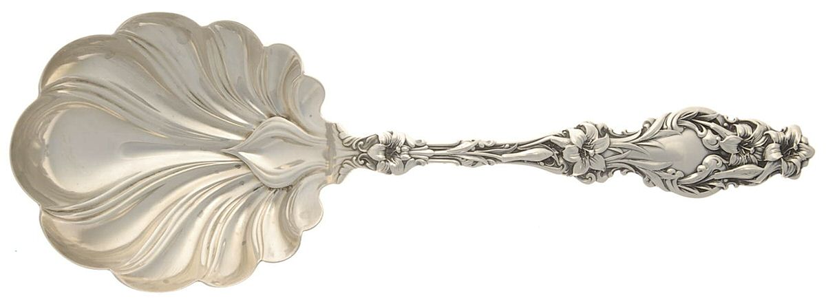 Lily (Sterling, 1902, Lion-Pat.1902) Large Solid Shell Berry/Casserole Spoon by Whiting Manf Co-1