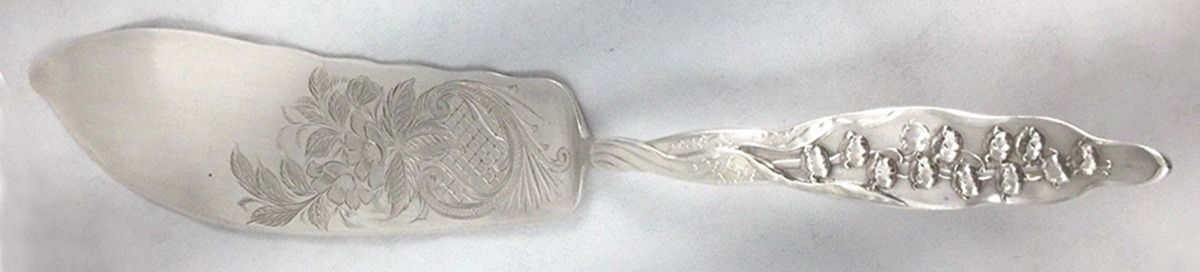 Lily of The Valley (Sterling, 1885, No Monograms) Large Solid Bright Cut Fish Serving Knife by Whiting Manf Co-1