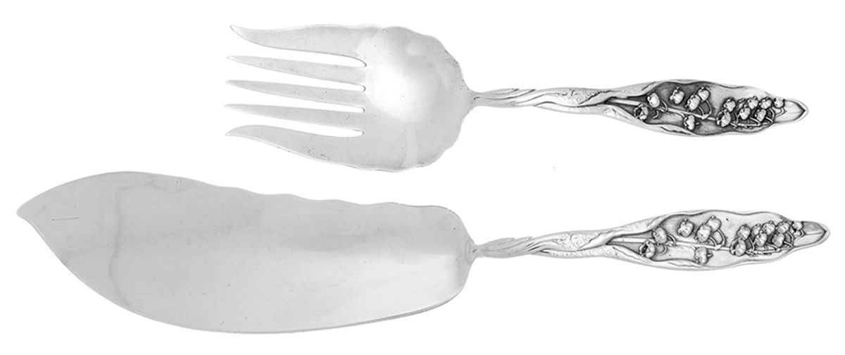 Lily of The Valley (Sterling, 1885, No Monograms) 2 Piece Large Solid Fish Serving Set by Whiting Manf Co-1