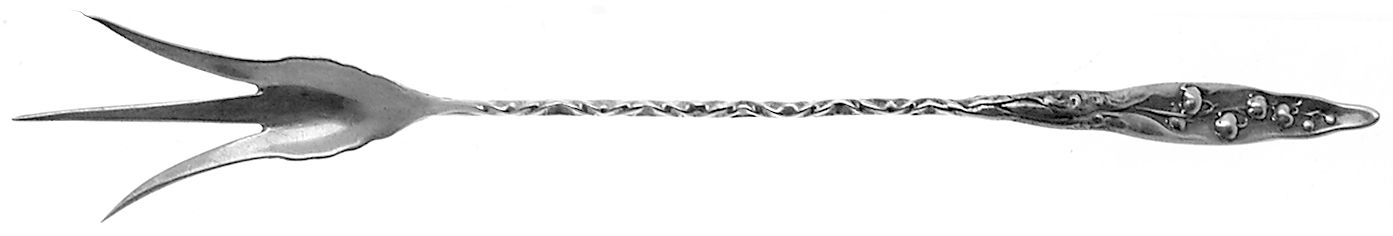 Lily of The Valley (Sterling, 1885, No Monograms) Small Twist Handle Lettuce Serving Fork by Whiting Manf Co-1