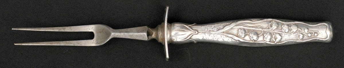 Lily of The Valley (Sterling, 1885, No Monograms) Small Steak Carving Fork with Stainless Prongs by Whiting Manf Co-1