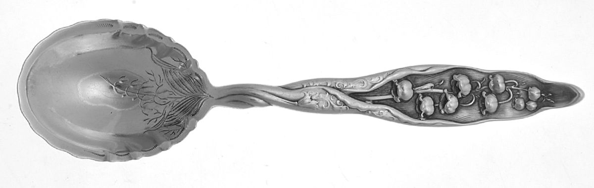 Lily of The Valley (Sterling, 1885, No Monograms) Large Bright Cut Jelly Spoon by Whiting Manf Co-1