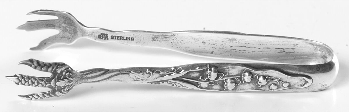 Lily of The Valley (Sterling, 1885, No Monograms) Small Sugar Tongs by Whiting Manf Co-1