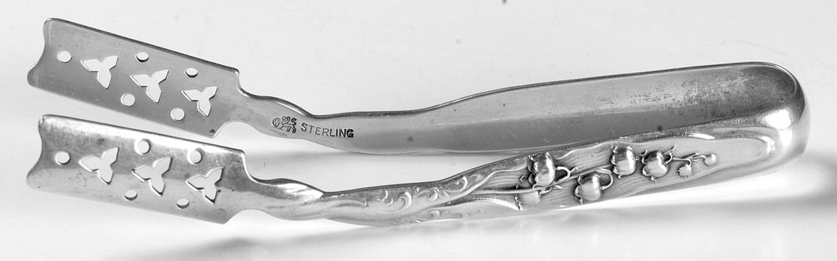 Lily of The Valley (Sterling, 1885, No Monograms) Solid Individual Asparagus Tongs by Whiting Manf Co-1